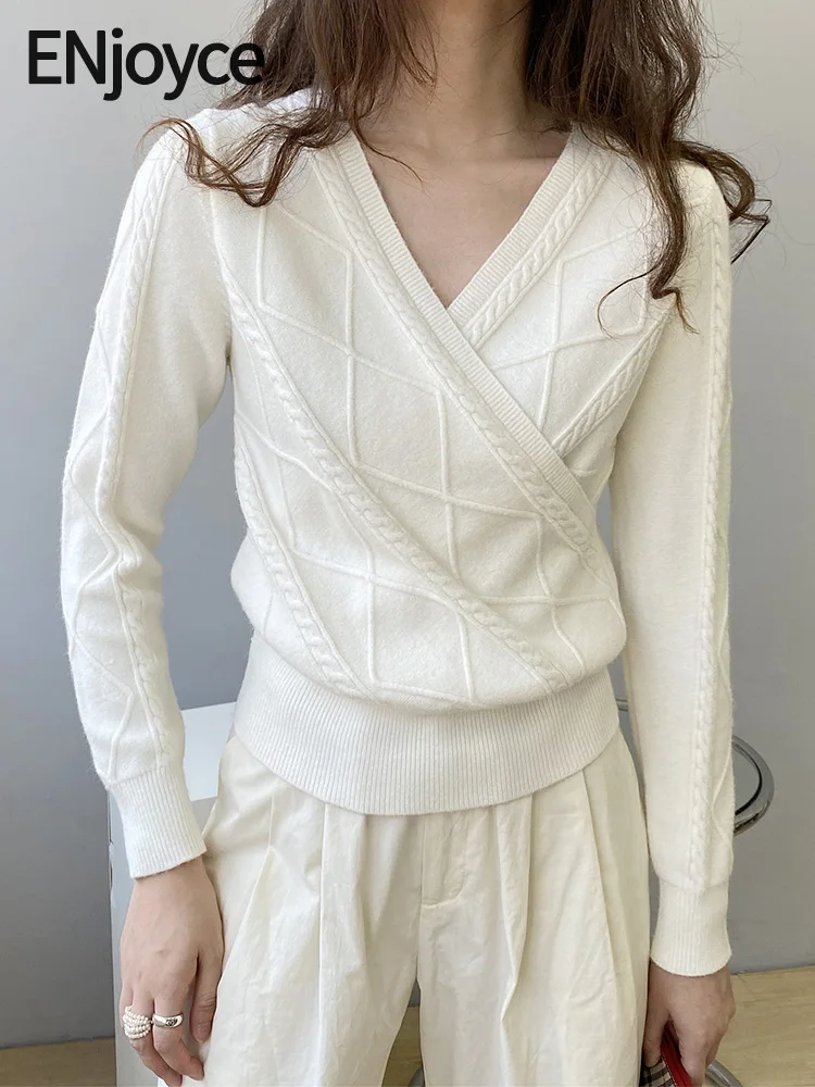 Женский вязаный свитер ENjoyce, винтажный пуловер с V-образным вырезом, вязаный свитер в Корейском стиле, весна-осень 
Женский вязаный свитер ENjoyce, винтажный пуловер с V-образным вырезом, вязаный свитер в Корейском стиле, весна-осень