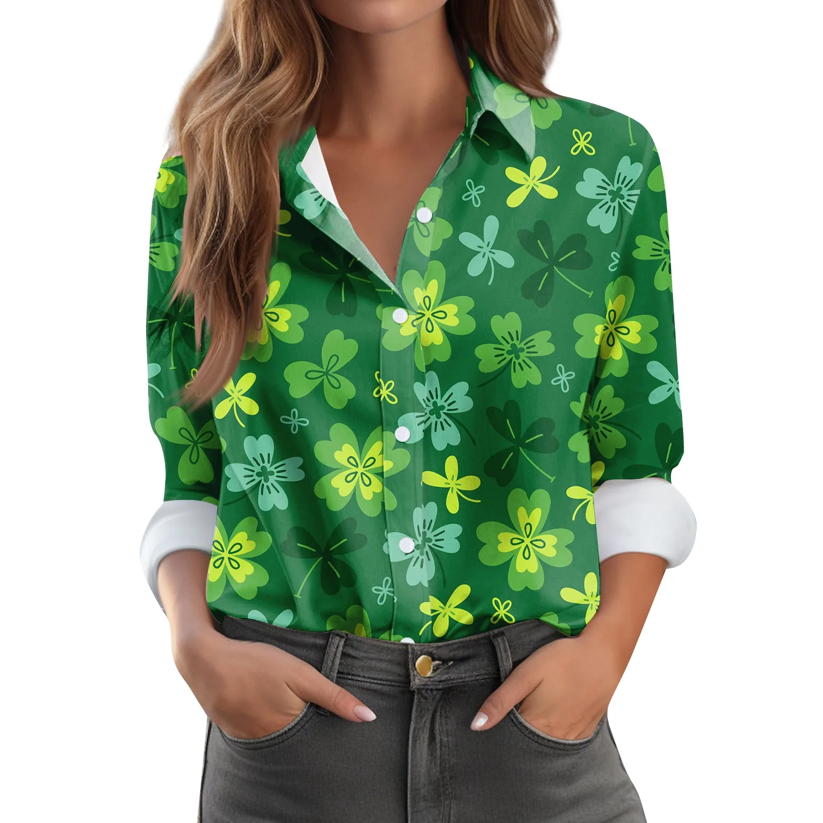 

St. Patrick's Day Shirt Women Spring Summer New Long Sleeve Shirt Casual Style Female Lapel Top Button Temperament Top
