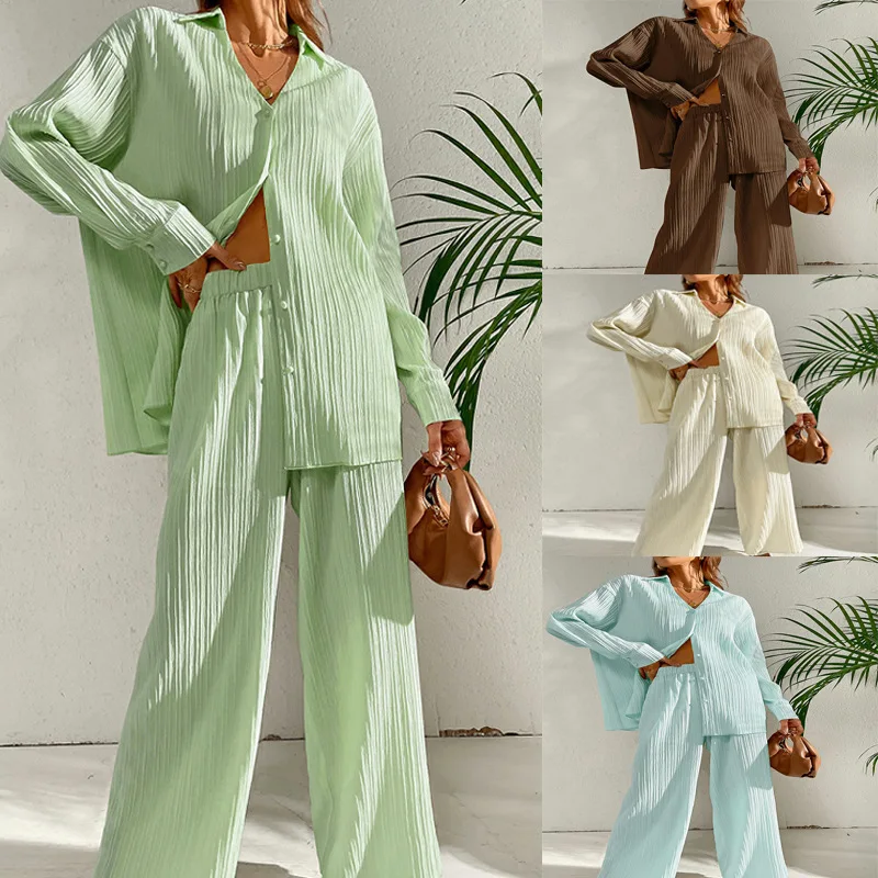 2023 Womens Suits New Fashion Solid Polo Collar Single Breasted Loose Long Sleeve Pleated Cardigan Top Pants Two Piece Set
2023 Womens Suits New Fashion Solid Polo Collar Single Breasted Loose Long Sleeve Pleated Cardigan Top Pants Two Piece Set