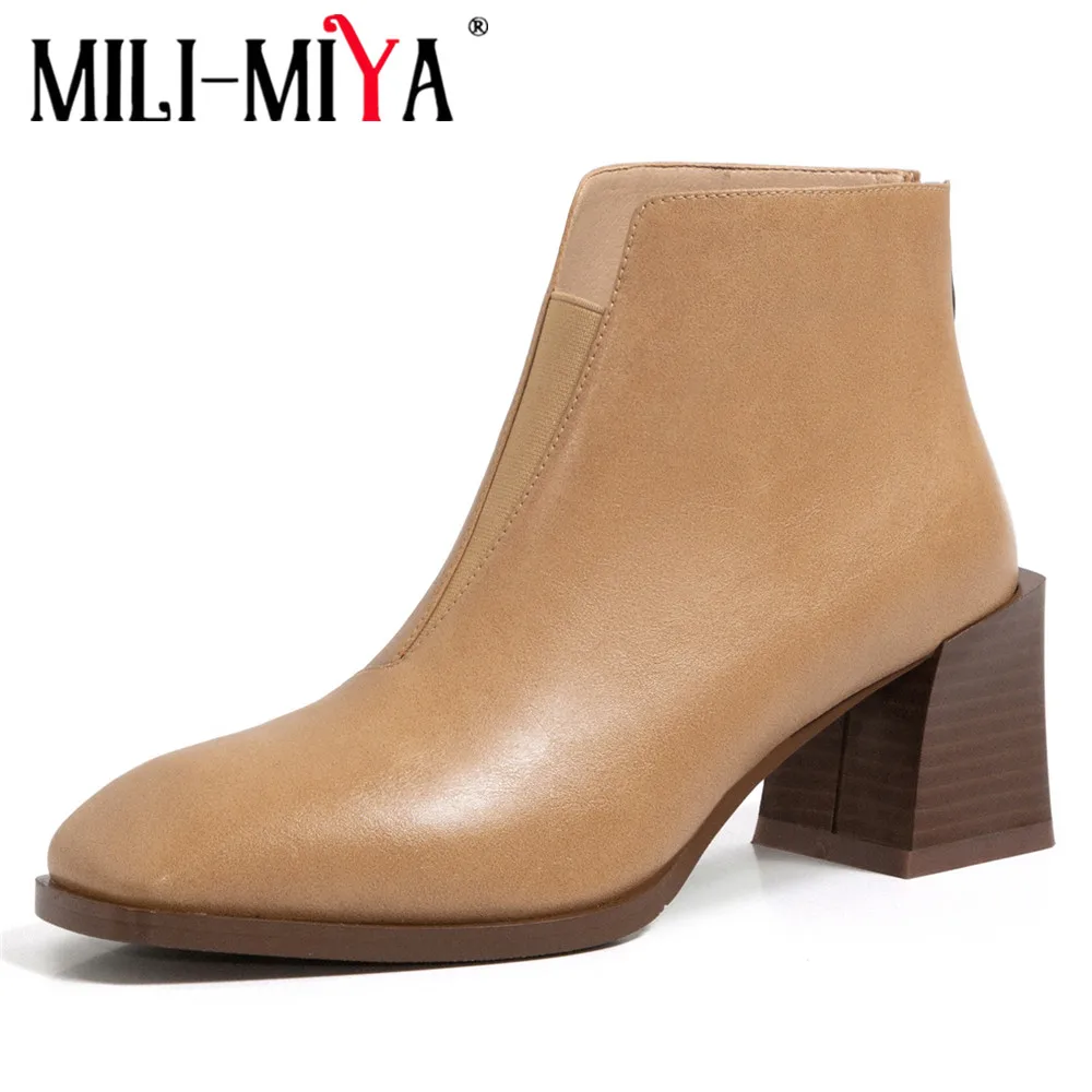 

MILI-MIYA Fashion Splicing Upper Women Cow Leather Ankle Boots Square Toe Thick Heels Solid Color Zippers Casual Street Shoes