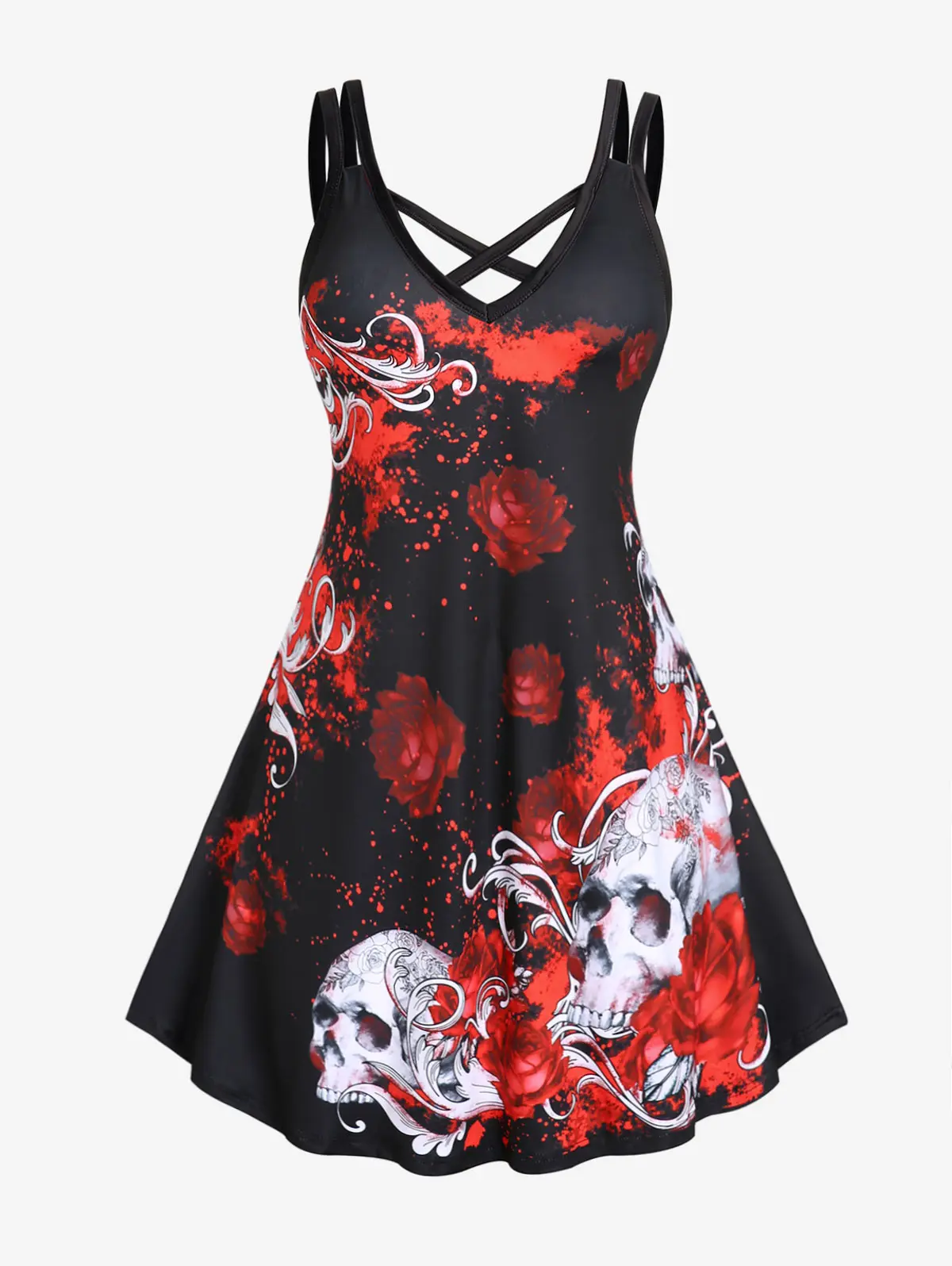 

ROSEGAL Plus Size Gothic Fit And Flare Dress Summer High Waist Rose Skeleton Skulls Print A Line Knee Length Dress Vestidos 5XL