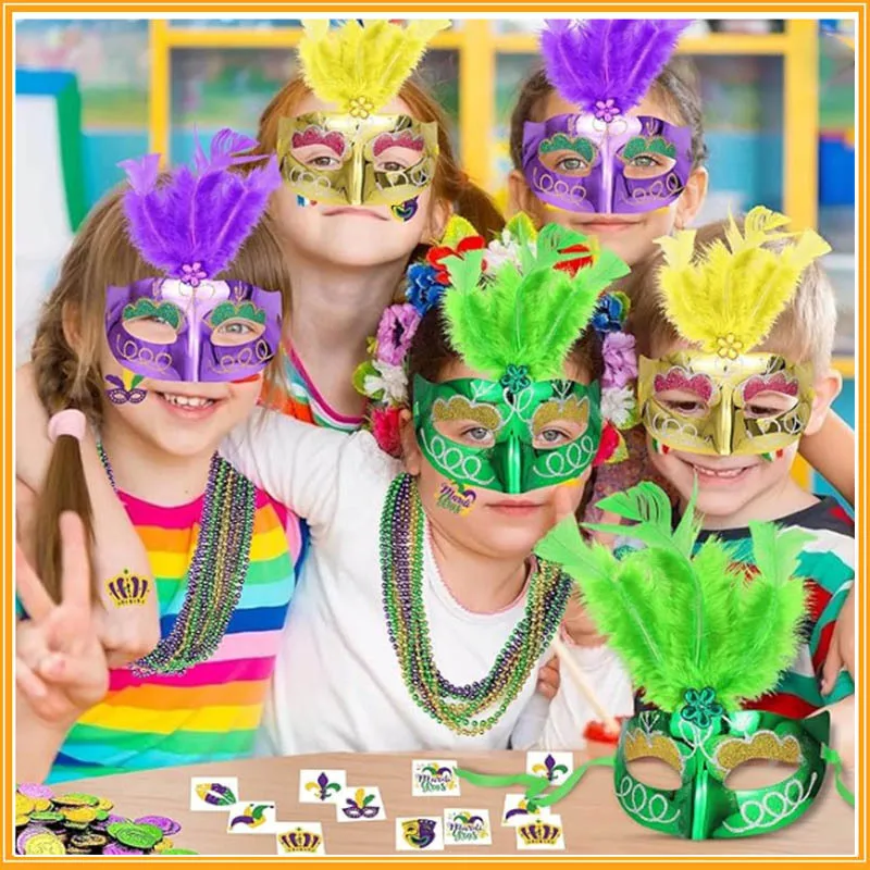 

Mardi Gras Bead Chain Mask Tattoo Stickers Bracelets suit Purple, Yellow And Green Webbing Masquerade Ball Party