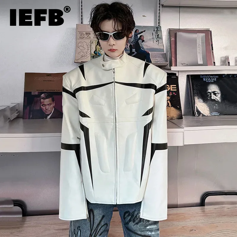 

IEFB Men's PU Leather Jackets High Street Stand Collar Patchwork Contrast Color Male Short Coats Niche Design New Trendy 9C4669