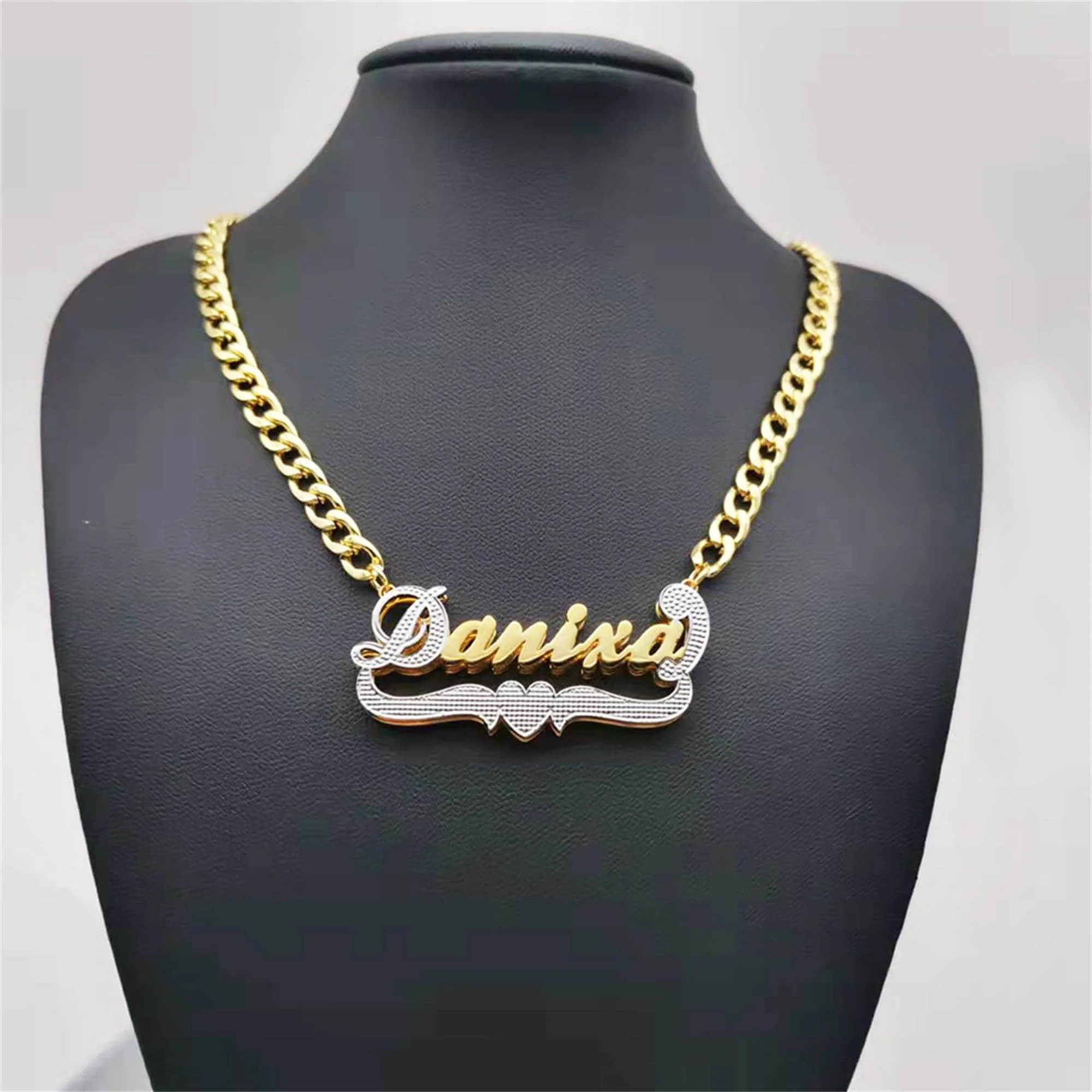 

Double Two Tone Nameplate Necklace Personalized Name Necklace 3D Double Plated Gold Necklace Custom Name Pendant With Cuba Chain