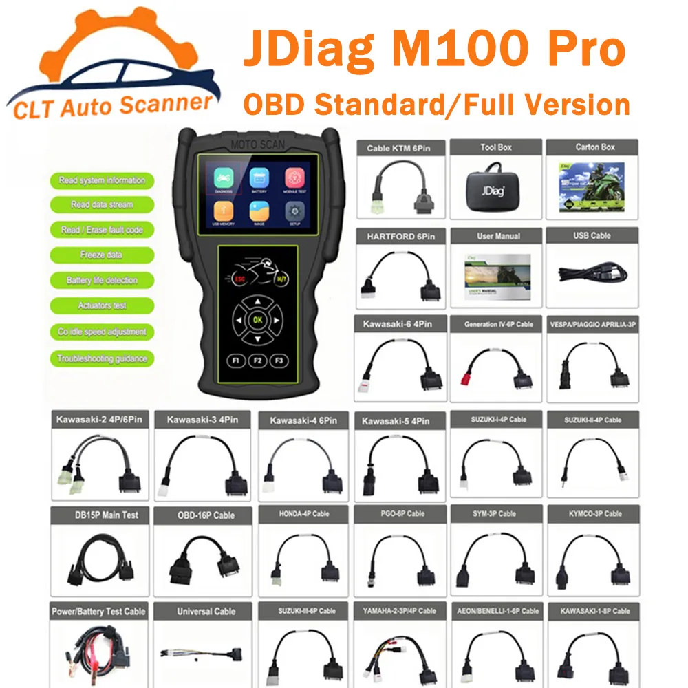 Newest JDiag M100 Pro Motorcycle Diagnostic Tool OBD OBD2 Scanner With D87D88 Function Read&Erase Fault Code ABS System Test
Newest JDiag M100 Pro Motorcycle Diagnostic Tool OBD OBD2 Scanner With D87D88 Function Read&Erase Fault Code ABS System Test