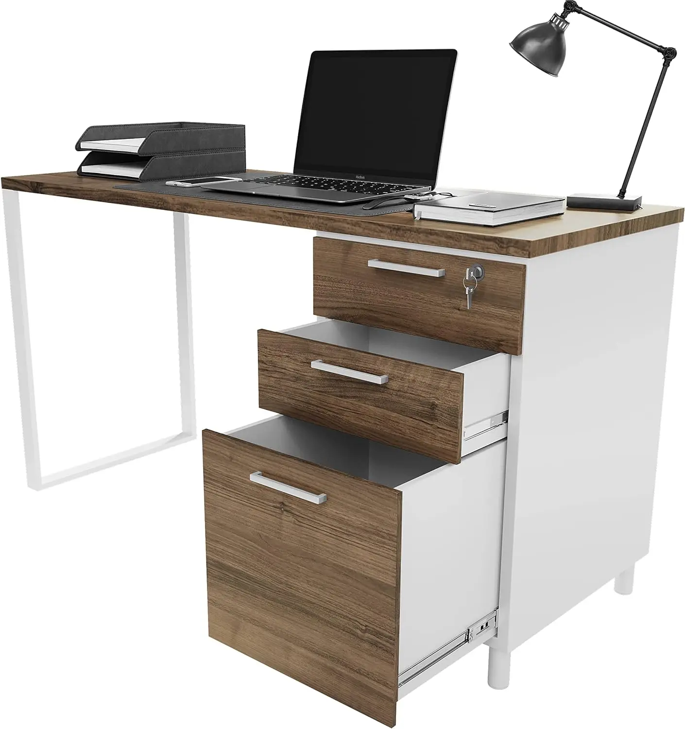 

Milano Home Office Desk - 47Inch Cass Walnut/White Home Office Desk with Drawers - Modern Computer Desk with Storage, Detachable