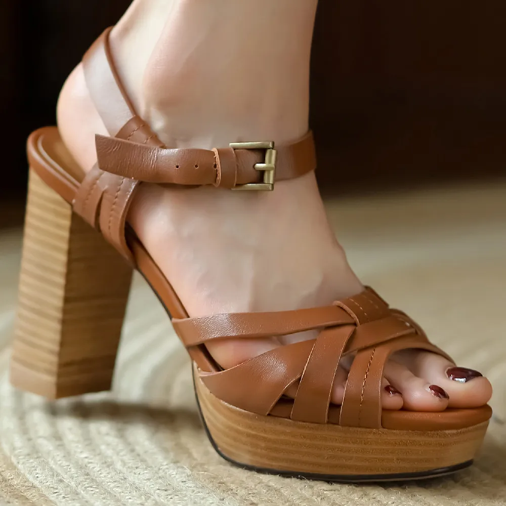 

Women's genuine leather narrow band braided open toe thick high heel platform sandals sexy ladies ankle strap dress pumps shoes
