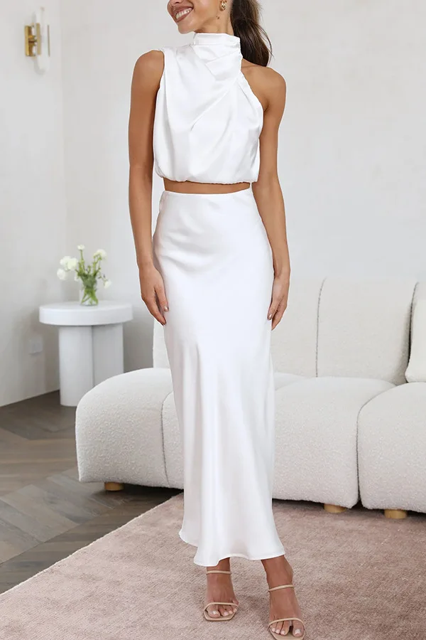 Two Pieces Set Women Spring Summer Elegant Halter Neck Sleeveless Stain Tops and Lady Casual Party Mid-Calf Skirt 2 Pcs Suit
Two Pieces Set Women Spring Summer Elegant Halter Neck Sleeveless Stain Tops and Lady Casual Party Mid-Calf Skirt 2 Pcs Suit