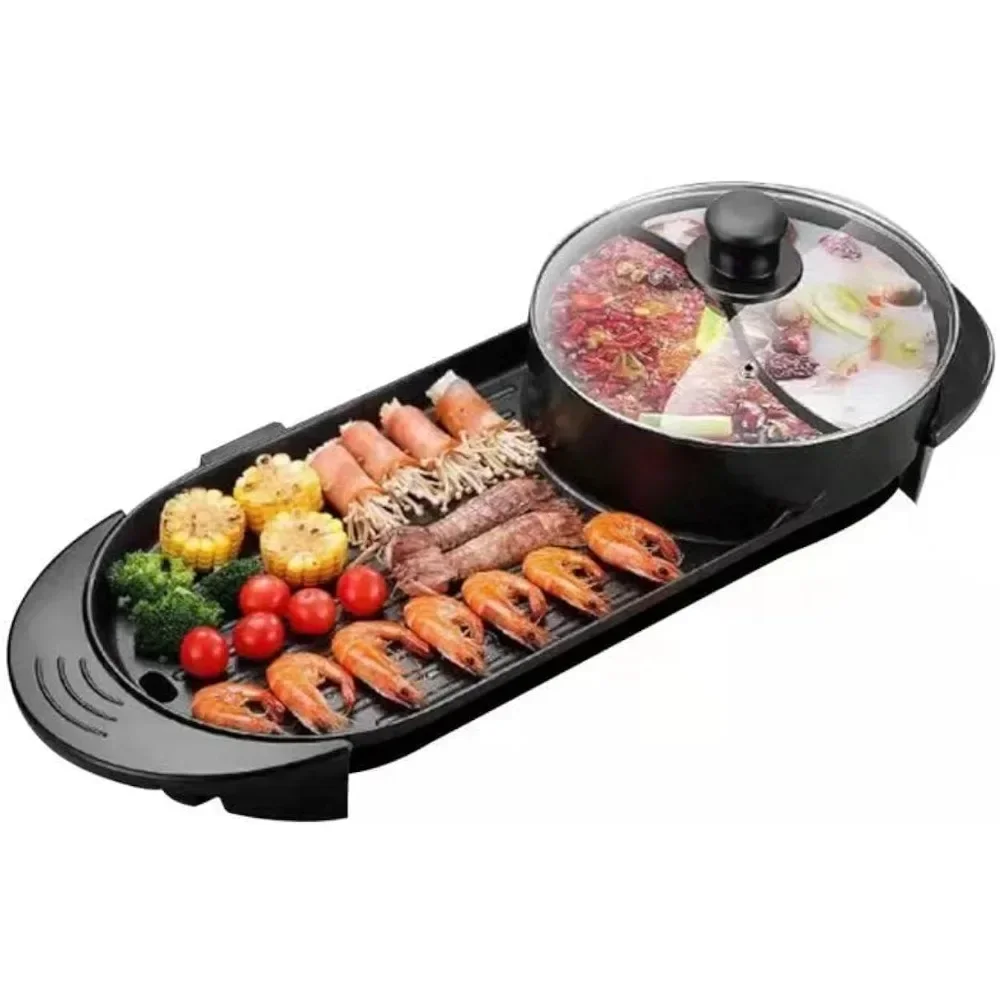 

Hot pot with BBQ Grill 2 in 1 Electric Grill Non-Stick Korean Barbecue Grill Independent Dual Temperature Control 110V(27 Inch)