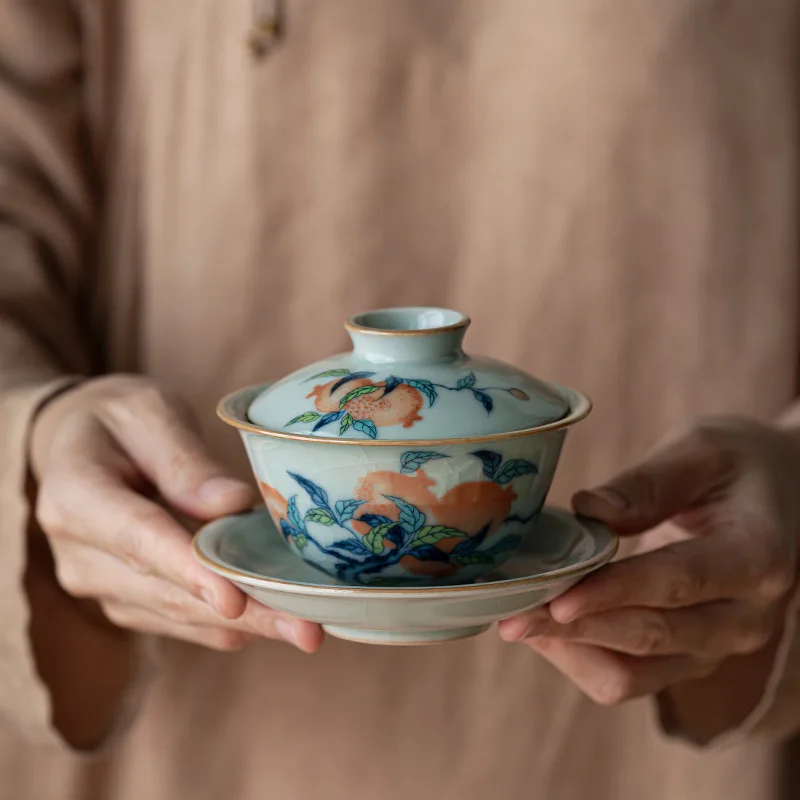 

Tianqing Ru Kiln Longevity Peach Sancai Cover Bowl Open Piece Can Raise A Single Large Blue and White Ru Porcelain Home