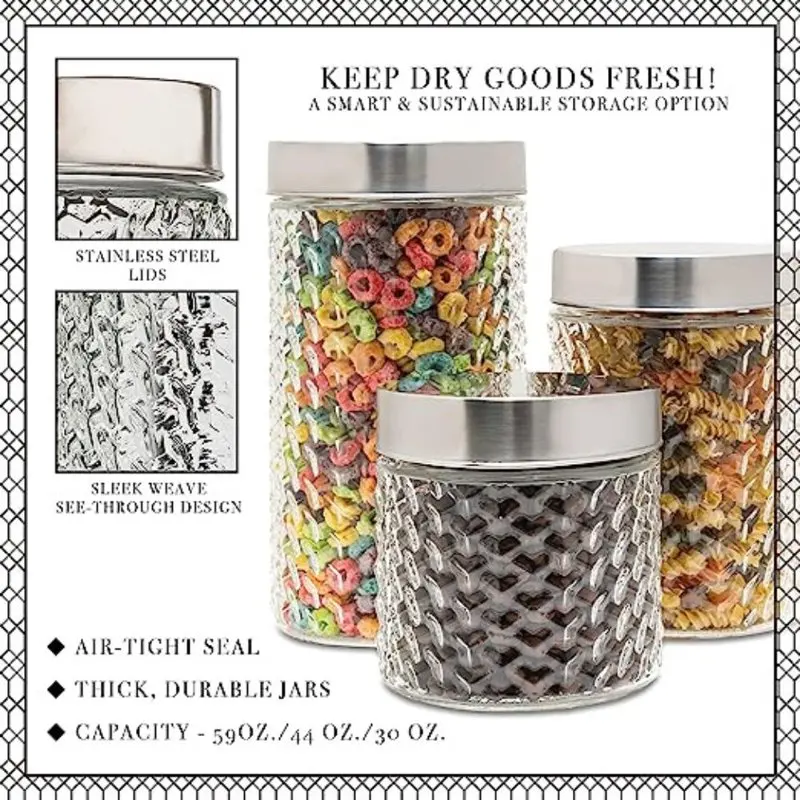 Setter, Round, Clear, Glass Food Canister with Airtight Stainless-Steel Lid, Set of 3
Setter, Round, Clear, Glass Food Canister with Airtight Stainless-Steel Lid, Set of 3