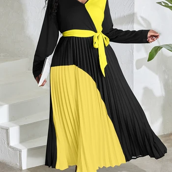 Vestido de Verão Feminino Elegante com Rendas Ocas e Babados 9 LW Elegant Fall Maxi Dresses Bandage Design Tiered Pleated A Line Dress Belted Long Sleeve V Neck Flowy Patchwork Vestidos