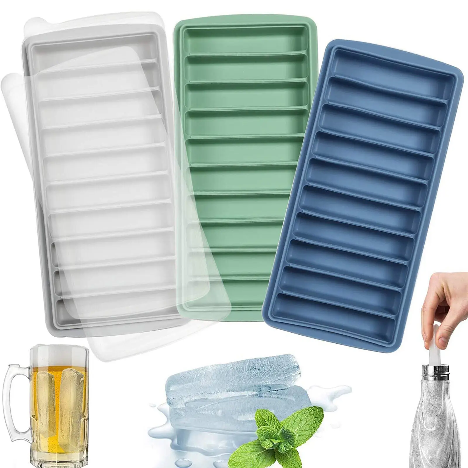 

10 Grids Ice Cube Trays Reusable Silicone Ice Cube Mold Long Slim Sticks Fits Sports Water Bottle DIY Ice Cream Popsicle Maker