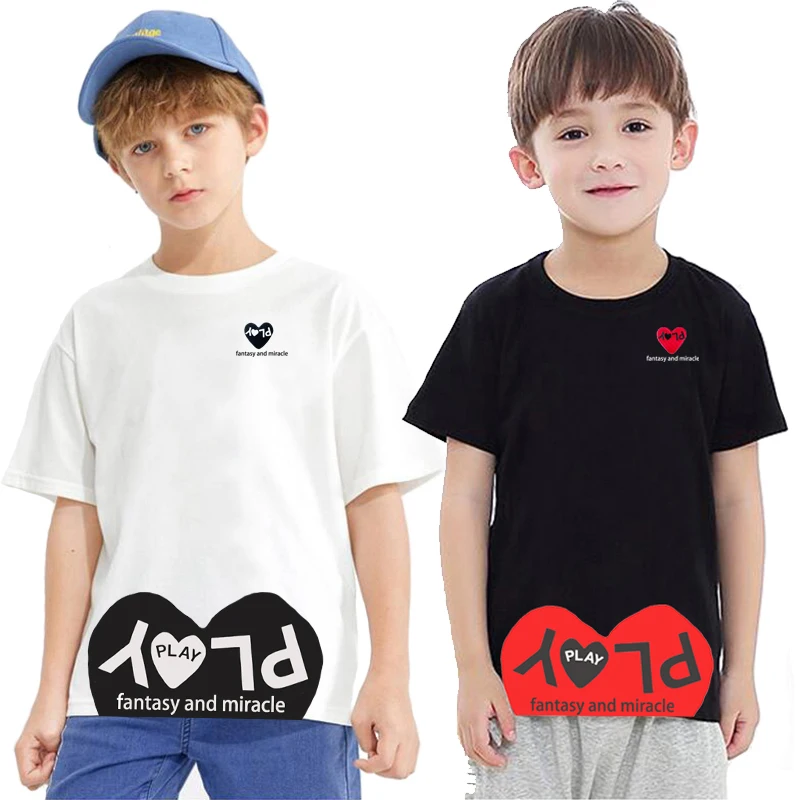 

Хлопковая футболка для мальчиков и девочек, с вышивкой в виде сердца, буквенным принтом, с принтом в виде половины сердца, с круглым вырезом и коротким рукавом, летняя детская футболка