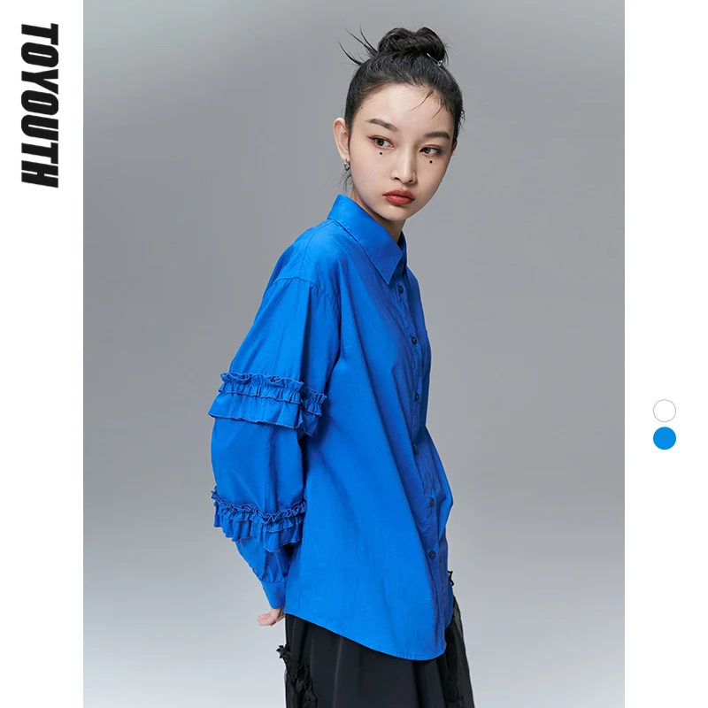 

Toyouth Women Shirts 2022 Spring Long Ruffled Sleeves Polo Collar Loose Blouse Solid Blue Pure Cotton Unique design Chic Tops