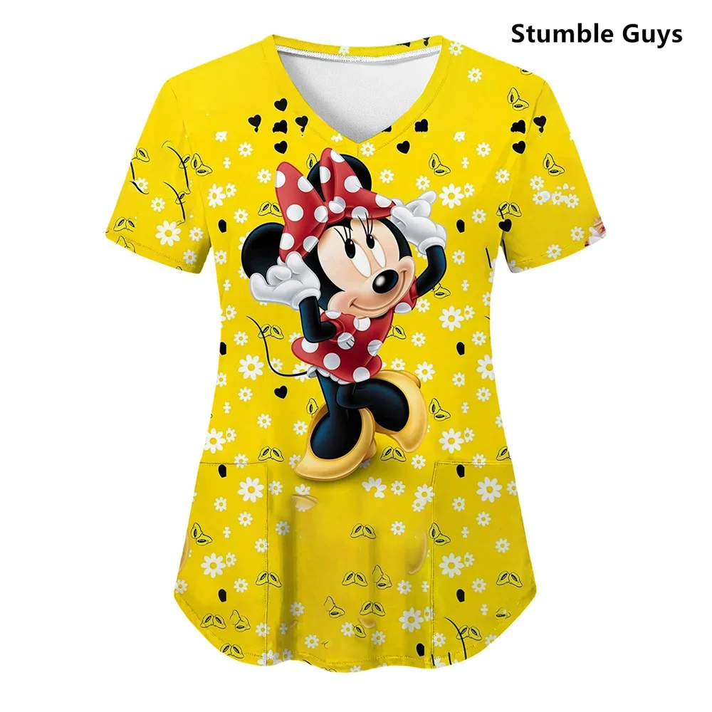 

2024 New Minnie Mouse Print Nurse Medical Uniforms V-neck Short Sleeve Pocket Workwear Top Scrubs Medical Accessories Uniform