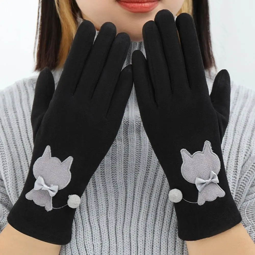 

Зимние Бархатные перчатки для сенсорных экранов, плюшевые перчатки для вождения с пятипальцевым бантом, ветрозащитные уличные варежки в Корейском стиле для верховой езды