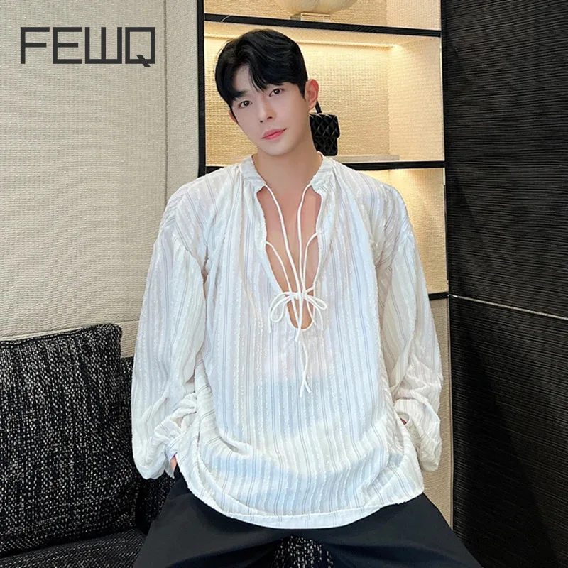 

FEWQ Korean Fashion Handsome Extravagant Flocking Dark Striped Tied Lantern Sleeve Men Shirt 2024 Solid Color Male Tops 9C5083