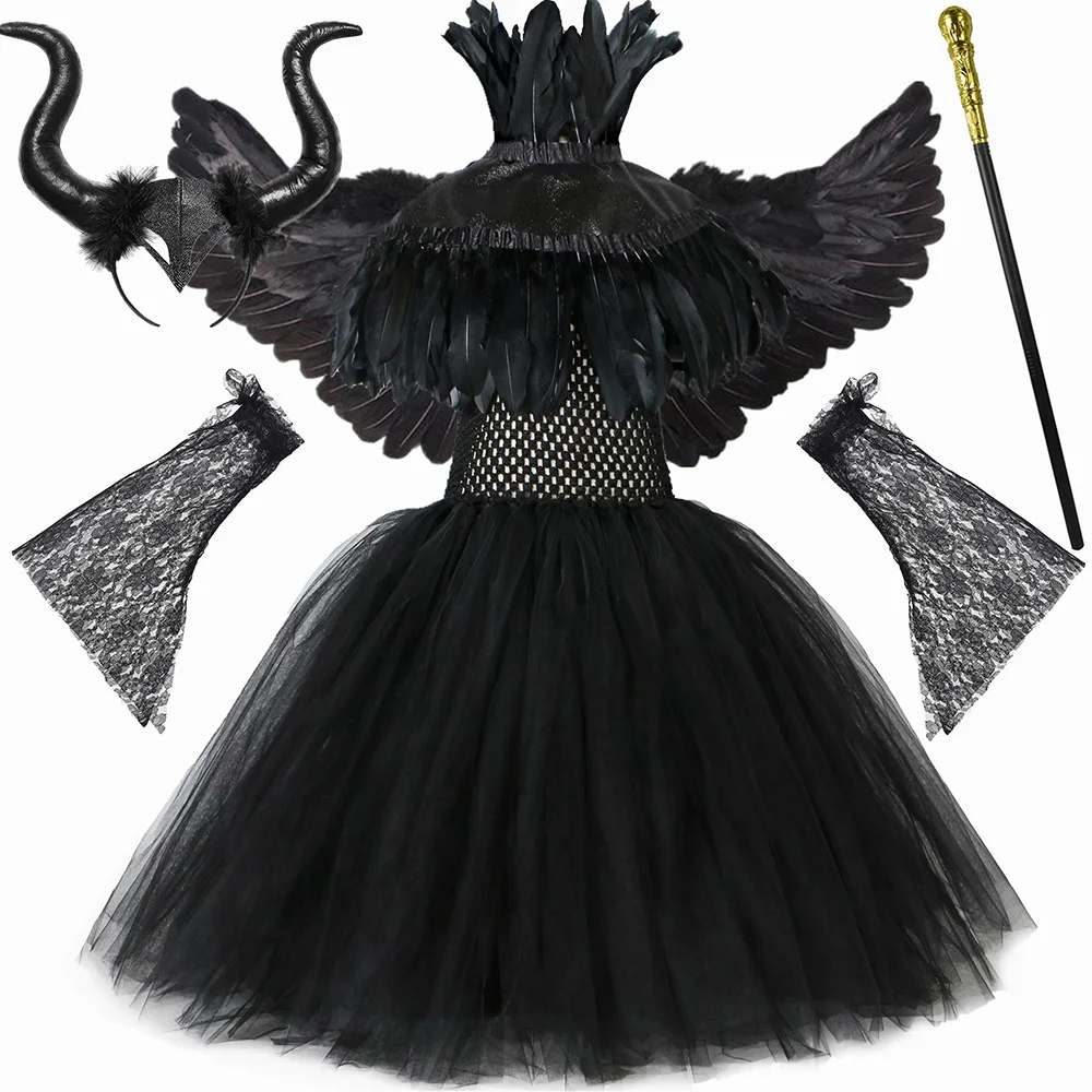 

Black Evil Queen Maleficent Long Dresses for Girls Devil Witch Halloween Costumes Feather Wings Outfit Kids Carnival Party Ball
