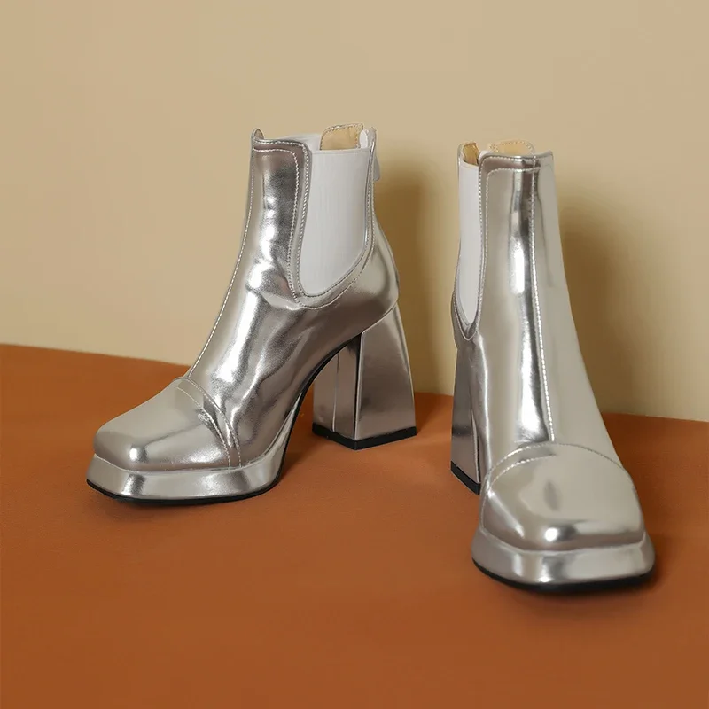 

New Women's Silver Platform Booties 2024 Stylish Shiny Leather Women's Square Head Elastic Chunky Heel Winter Gold Chelsea Boots