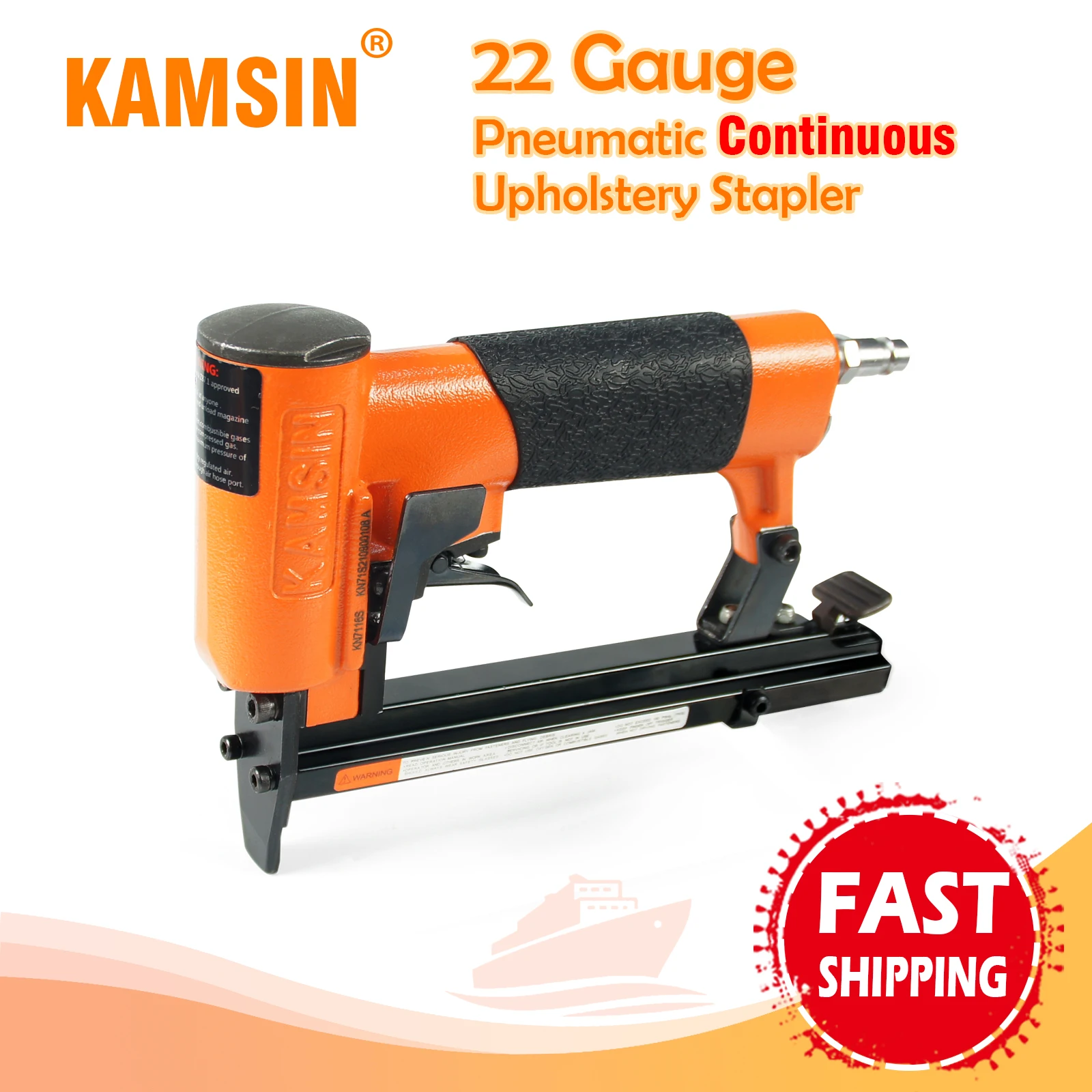 

KAMSIN Pneumatic Upholstery Continuous Firing Stapler, Fits 9.1mm Crown,6-16mm Length, Staples for Furniture, 22GA KN7116S