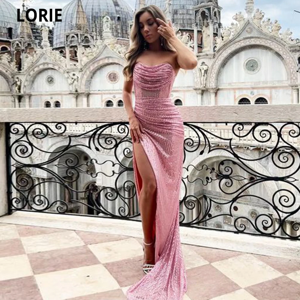 

LORIE Mermaid Glitter Sequin Evening Dresses Dusty Pink Saudi Arabia One Sleeve Prom Gown For Women Leg Slit Vestido De Festa