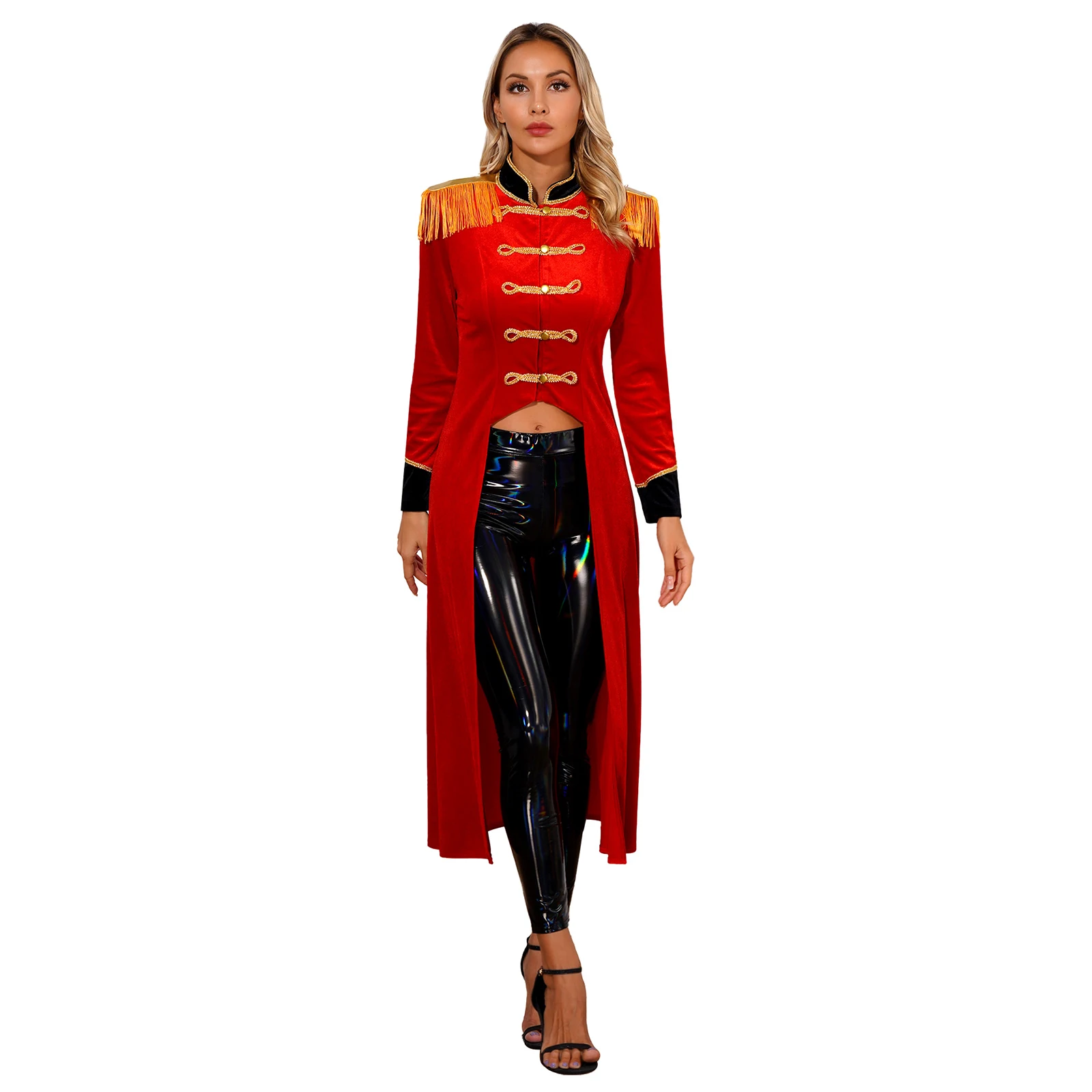 

Womens Halloween Circus Ringmaster Cosplay Costume Velvet Tailcoat Long Sleeve Fringe Shoulder Boards Renaissance Gothic Jacket