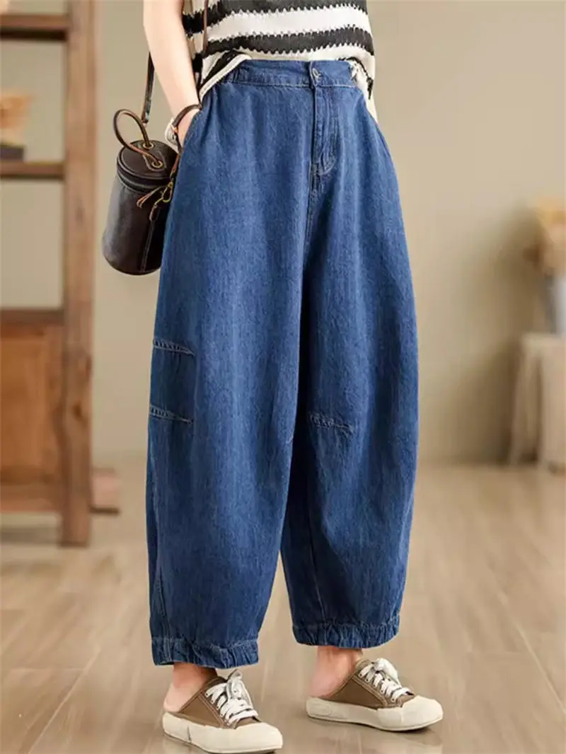 

Retro Jeans For Women 2024 Summer Elastic Waist Wide Legs Loose Cropped Radish Pants Casual Denim Trousers K506