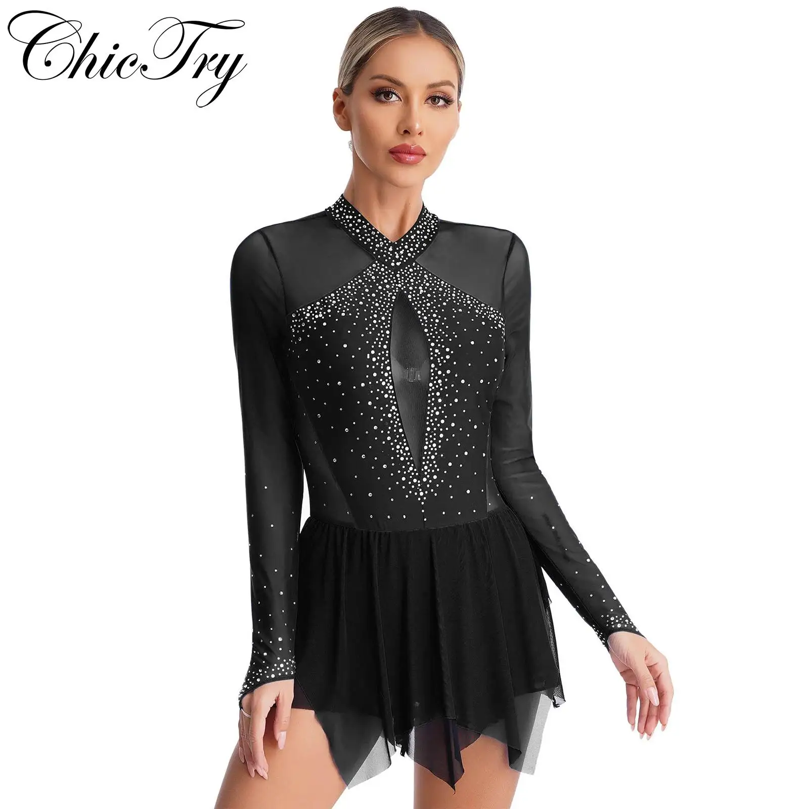 

Womens Ballet Gymnastics Dress Rhinestones Leotard Dance Dress Contrast Color Irregular Hem Keyhole Back Long Sleeve Dresses