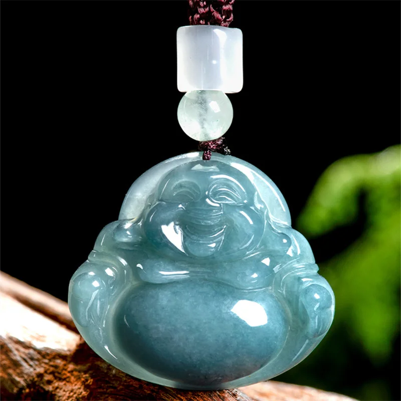

Jia Le/ Natural Jade Ice Blue Water Big Belly Maitreya Buddha Jade Necklace Pendant Fashion Jewelry Men and Women Amulet Gift