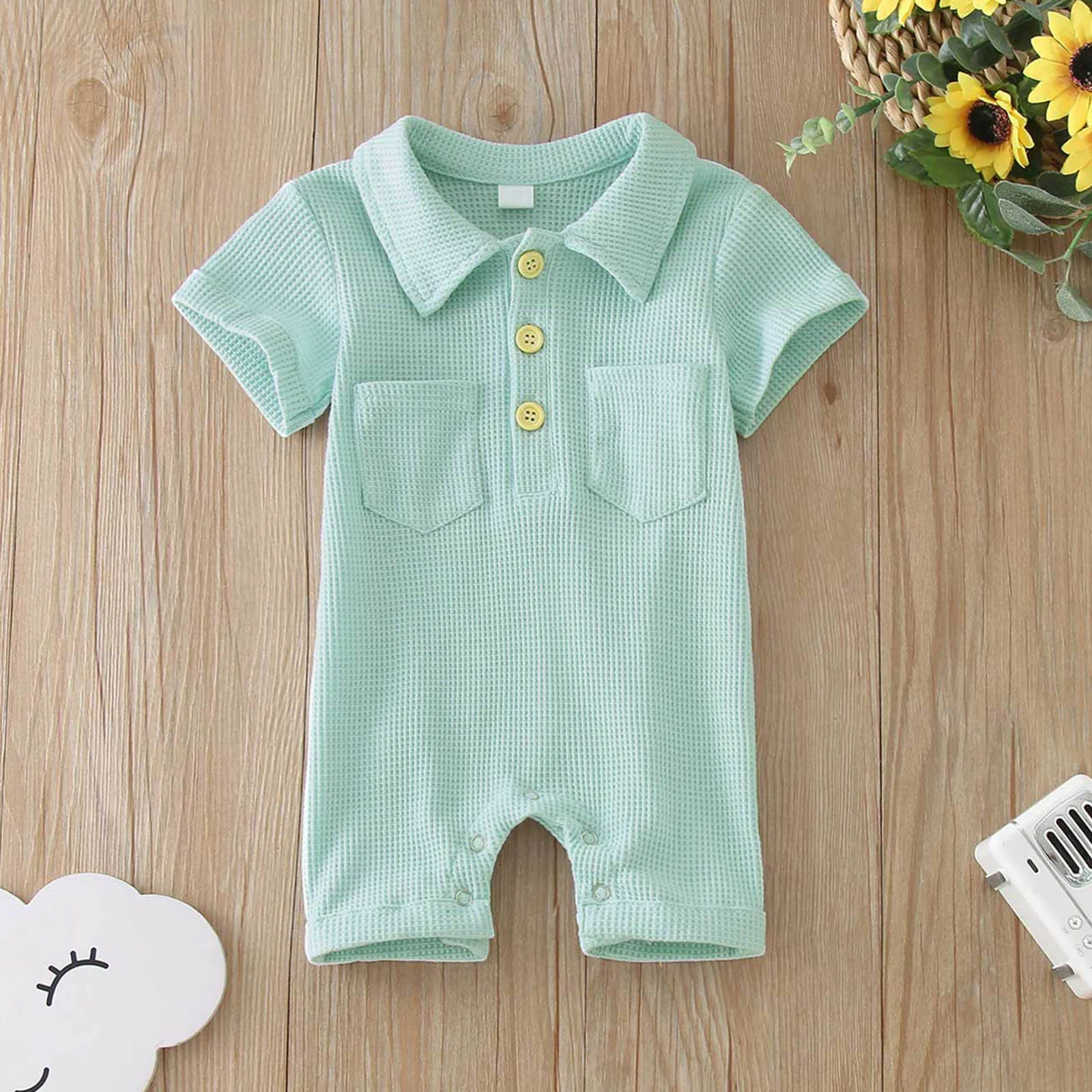 

3 6 9 12M Infant Baby Boys Summer Romper Solid Color Waffle Short Sleeve Lapel Collar Gentleman Jumpsuits Pockets Baby Rompers