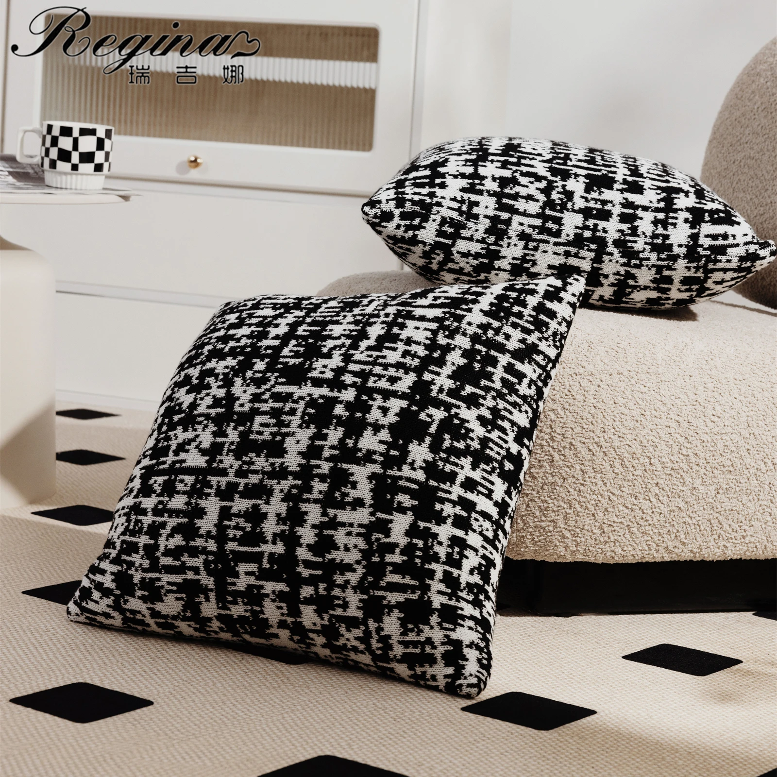 

REGINA Brand High-end Wool Blend Cushion Cover 45*45cm Classic Black White Fluffy Soft Pillow Case For Bedroom Living Room Decor
