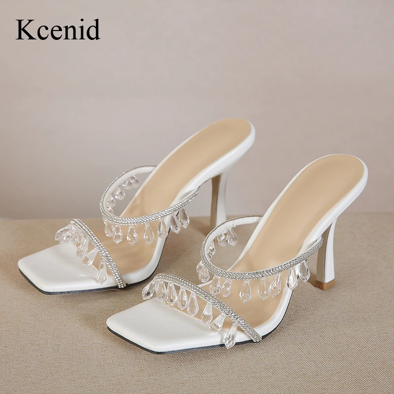 

Kcenid Summer Sandals For Women Fashion String Bead Slippers Stiletto High Heels Sexy Rhinestone Crystal Banquet Sandals Wedding