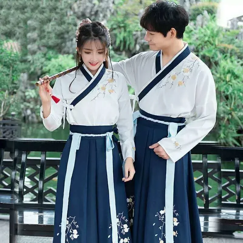 

Китайское платье, корейские белые и синие платья Hanfu для мужчин и женщин, кимоно в китайском стиле для косплея с вышивкой, традиционная китайская одежда