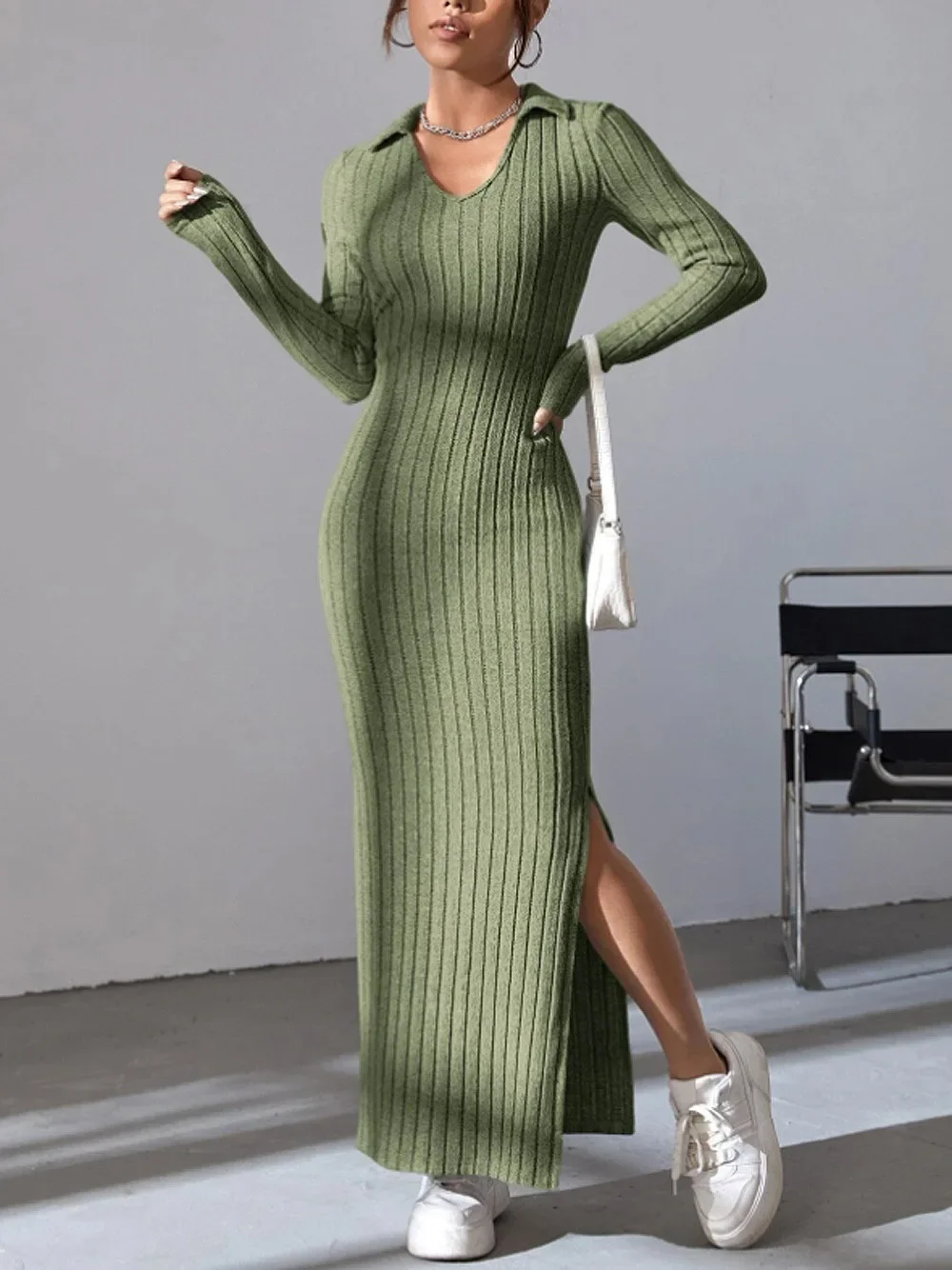 

Spring and Summer 2024 New Style Knitted Slim Lapel Long Sleeve Dress Pit Strip Solid Color Tight Skirt