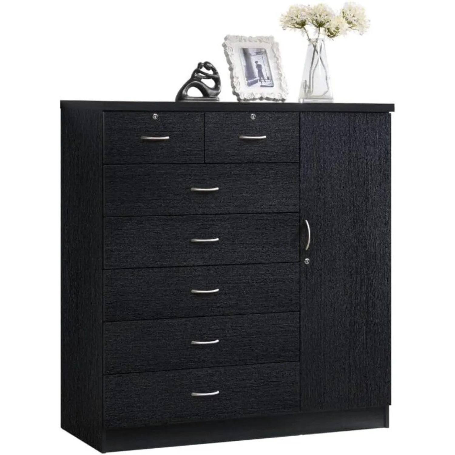 

Hodedah 7 Drawer Jumbo Chest, Five Large Drawers, Two Smaller Drawers with Two Lock, Hanging Rod, and Three Shelves | Black