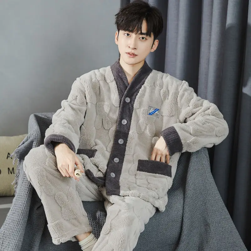 Men Winter Thickened Coral Fleece Pajamas Long-sleeved Trousers Multiple Colour Cardigan Loose Comfortable 2 Piece Set Sleepwear
Men Winter Thickened Coral Fleece Pajamas Long-sleeved Trousers Multiple Colour Cardigan Loose Comfortable 2 Piece Set Sleepwear