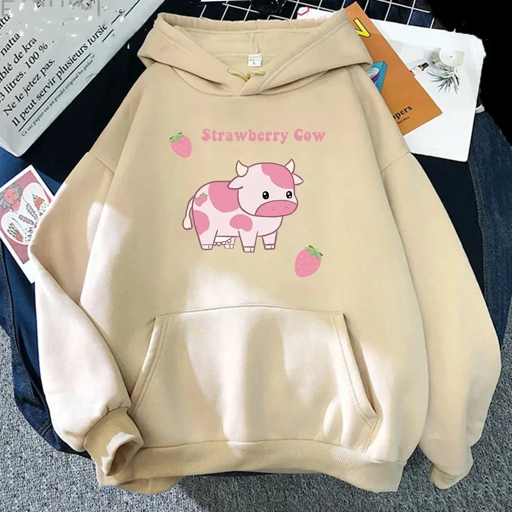 

New Cow And Strawberry Kawaii Women Hoodies Casual Pullover Plus Size Sweatshirt Autumn Winter Warm Girl Streetwear Clothes Tops