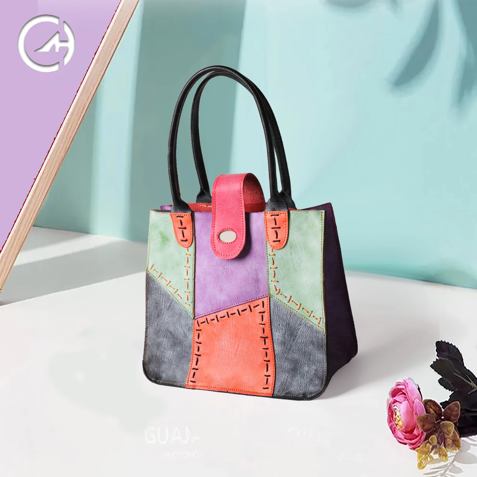 

2024 New Fashion Women's Bag Made of Genuine Leather with Hand Stitching and Multi color Handmade Splicing