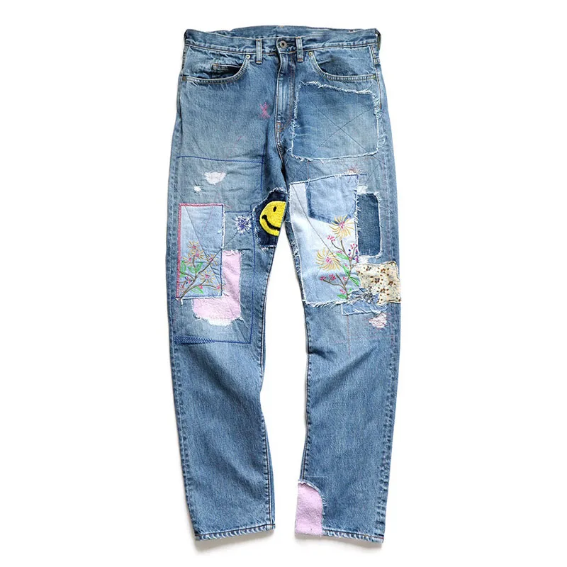 

Kapital Hirata Hiroshi Heavy Industry Washing Splicing Baijiabu Sweet Face Embroidery Patch Broken Hole Fashion Denim Jeans