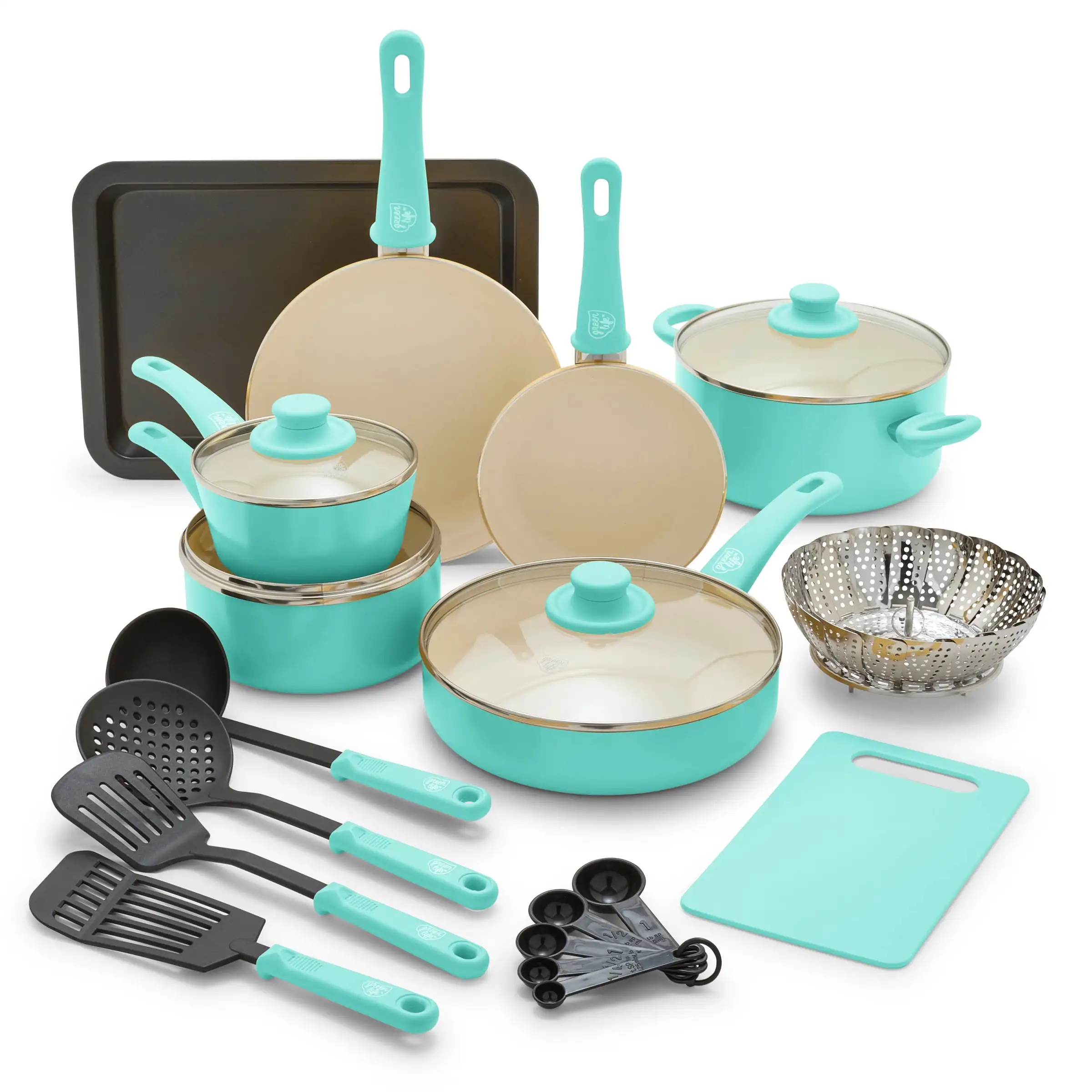 18-Piece Soft Grip Toxin-Free Healthy Ceramic Non-Stick Cookware Set, Turquoise, Dishwasher Safe
18-Piece Soft Grip Toxin-Free Healthy Ceramic Non-Stick Cookware Set, Turquoise, Dishwasher Safe
