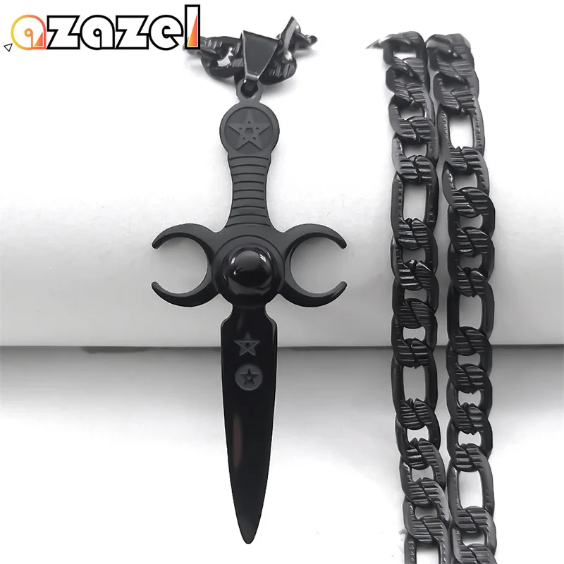 

Wicca Goth Triple Moon Goddess Sword Pendant Necklace for Women Men Stainless Steel Black Color Pentagram Necklace Jewelry N8456