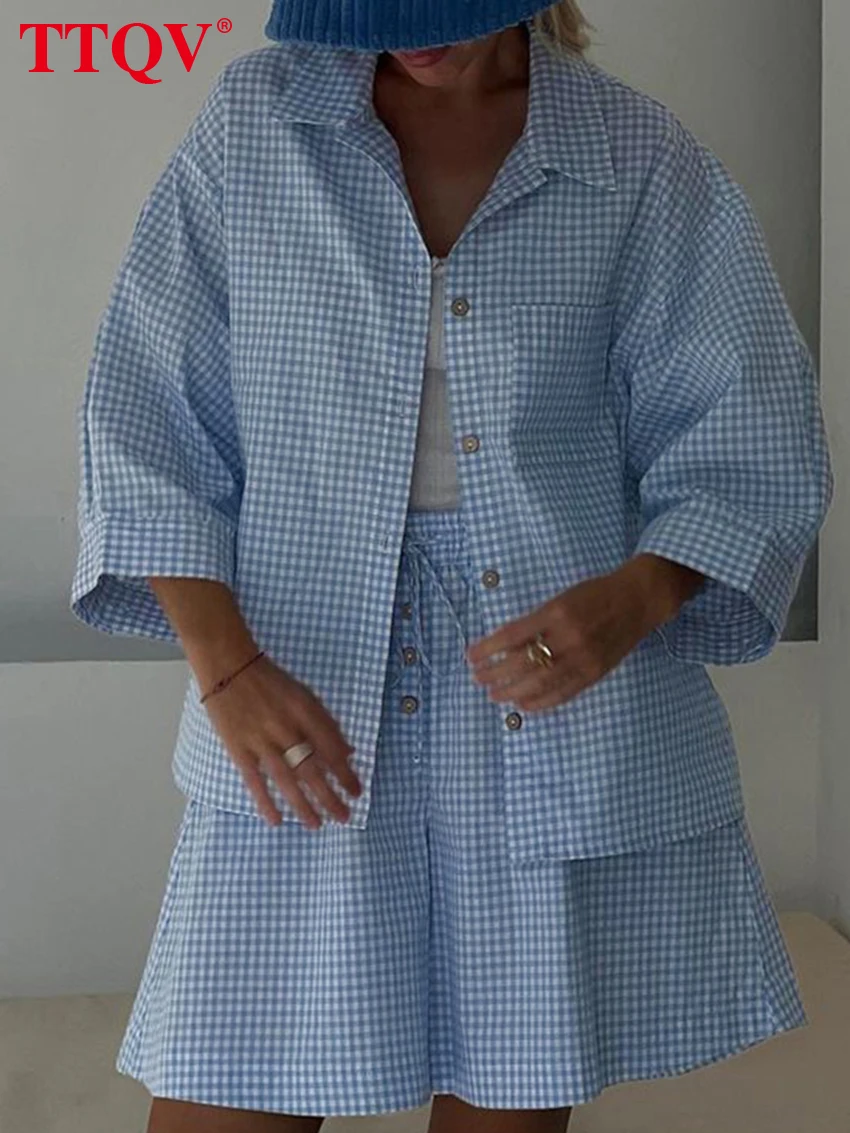 TTQV Casual Blue Plaid Print Sets For Women 2 Pieces Fashion Pockets Single Breasted Shirts And High Waist Drawstring Shorts Set
TTQV Casual Blue Plaid Print Sets For Women 2 Pieces Fashion Pockets Single Breasted Shirts And High Waist Drawstring Shorts Set