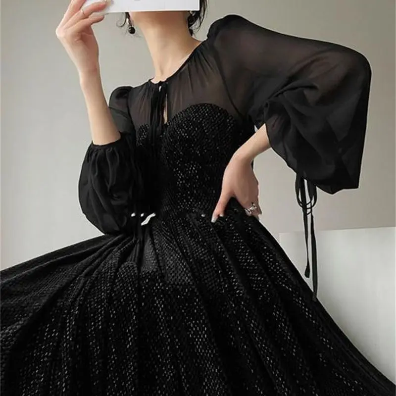 

Fashion Midi Dress for Women 2023 Gothic Vintage Lace-up O Neck Black Mesh Spliced Woven Fairy Elegant Party Dinner Dress Q030