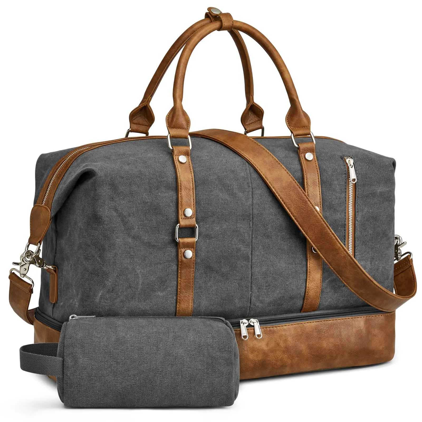 

Weekender Bag for Men Canvas Duffle Large Weekend Overnight Travel Carry On Tote Bag with Shoe Compartment (Grey)