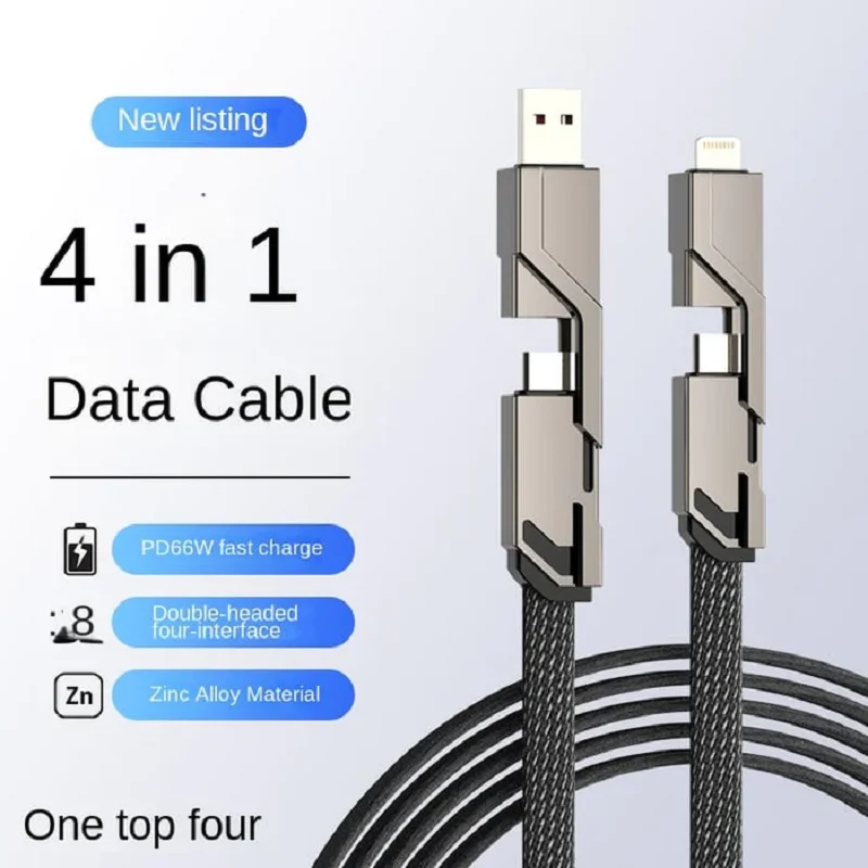 

4 In 1 60W Fast Charging Cable Data Sync Transmission Cable Flat Braided Anti-Tangle PD Charger Cord for IOS Lightning Type C