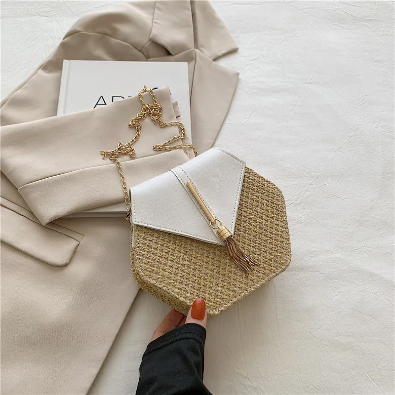 Hexagon Straw & Leather Handbag - Bohemian Woven Beach Shoulder Bag 30 Sa023576047eb4f5d881077744f7584d86