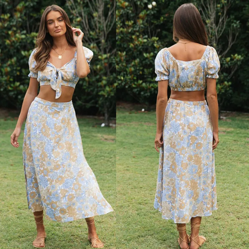 

JKW for Summer New Women's Short Top+Hem Slit Long Skirt Print Suit