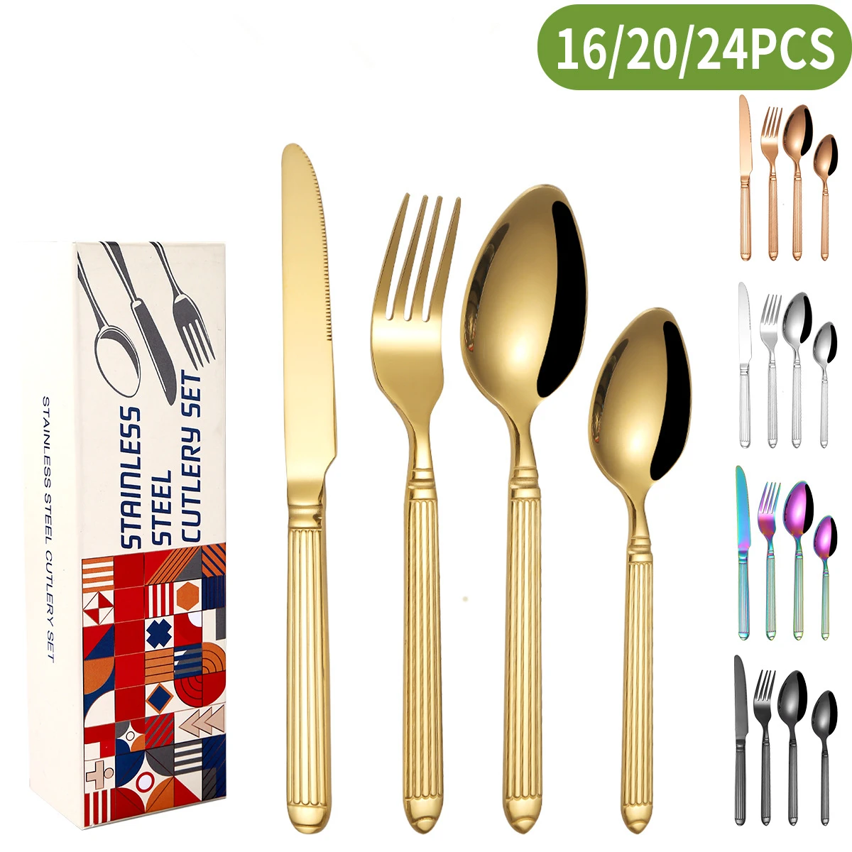 

16/20/24 Pcs Classical Golden Cutlery Set Stainless Steel Gold Flatware For 6 Silver Dinnerware Knife Spoon Fork Drop Ship