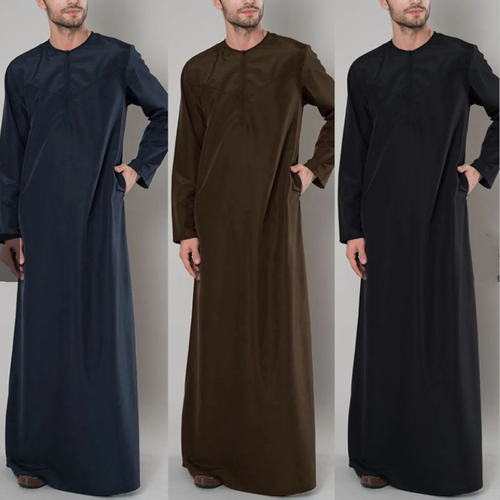 

Islamic Arabic Muslim Kaftan Men Long Sleeve Zipper Loose Abaya Robes Saudi Arabia Dubai Jubba Thobe Men Clothes 2024